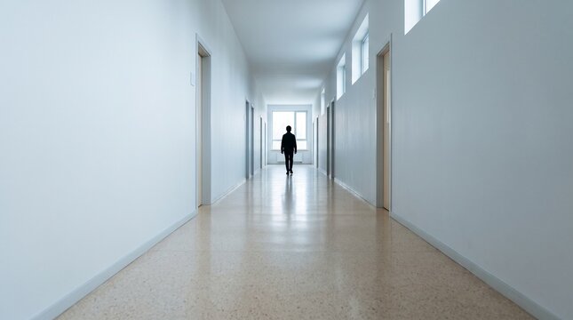 Silhouette of person walking down long empty white hospital corridor