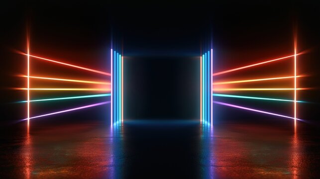 Rainbow neon stripes from four edges stopping before center on black. Futuristic art for gaming overlays or nightclub visuals.