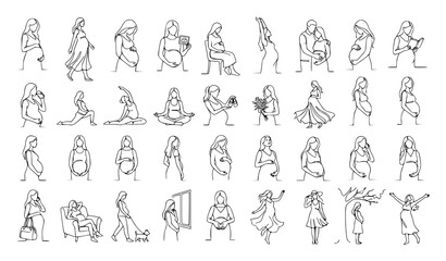 Obraz premium 30 Animated Continuous One Line Pregnancy Silhouette Vector Collection on White Background
