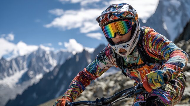 Cyclist climbs a steep mountain path in colorful gear with goggles and helmet while surrounded by tall peaks and blue sky