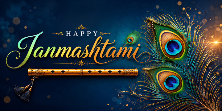 Peacock Feathers and Wooden Flute with Happy Janmashtami Typography for Festival Greeting Banner
