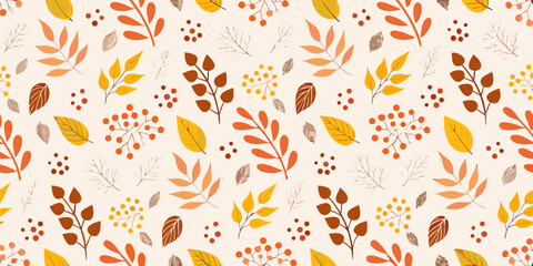 Autumn leaves and berry branches floral ornament illustration with a warm toned repeating background fall foliage leaf pattern design botanical plant life seasonal © PabanBiswas