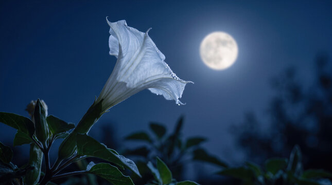 Blooming nocturnal datura moonflower with dewdrops under mystical midnight moonlight, serene botanical background.