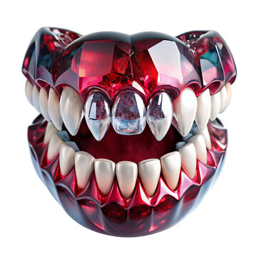 Surreal artistic representation of a jaw with ruby gemstone gums and sharp white teeth isolated on white
