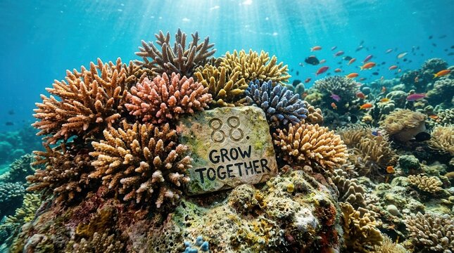 Vibrant underwater coral reef featuring a stone plaque engraved with 88 GROW TOGETHER surrounded by colorful branching corals and schools of tropical fish under bright sunlight beams.