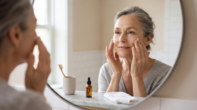 Senior skin care cream application reflection in bathroom mirror, aged skincare treatment.