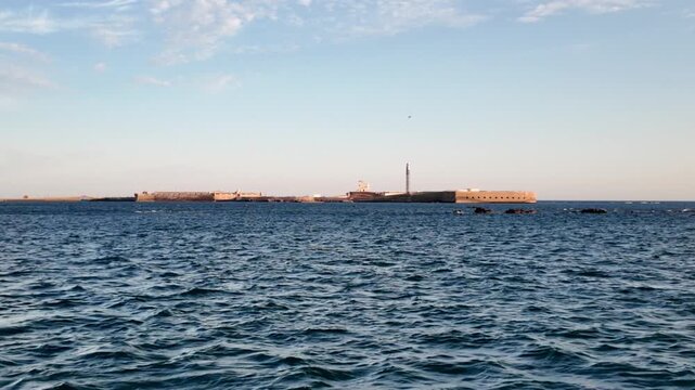 Castillo de San Sebastian fortress from boat, Cadiz, Spain