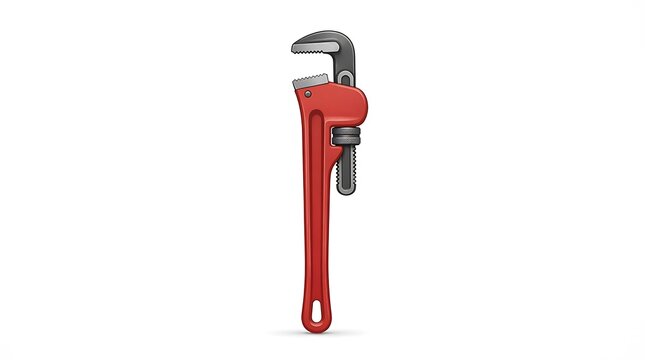 Red pipe wrench isolated on white. Heavy duty plumbing tool for professional repair work.