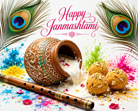Spilled Butter Pot with Flute and Peacock Feathers for Krishna Janmashtami Festival Greeting Banner