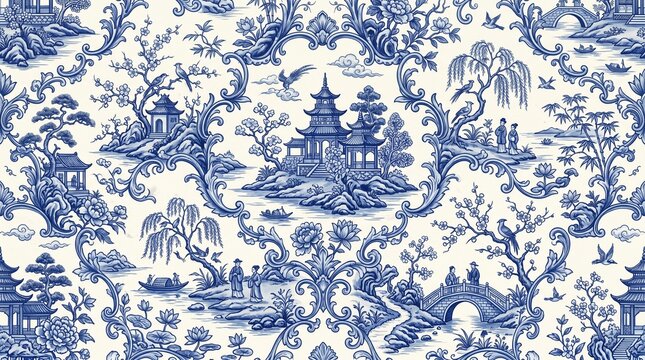 Vintage Blue and White Chinese Chinoiserie Seamless Pattern