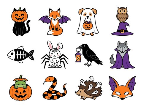 Cute cartoon Halloween animals and spooky creatures set for seasonal celebration design