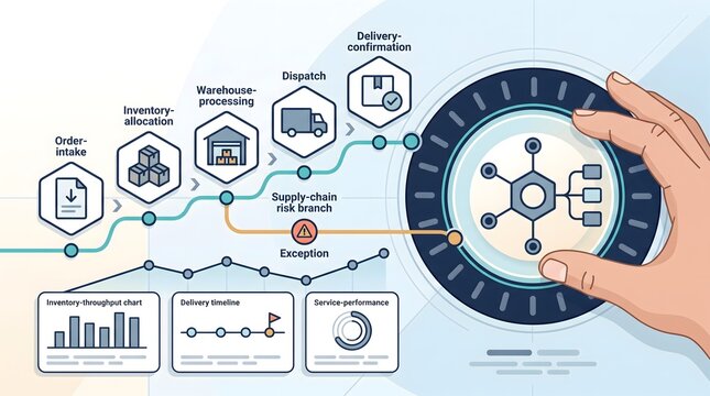 End-to-end supply chain risk management interface with hand tracking delivery timeline and inventory throughput