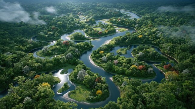 Aerial view of winding meandering river flowing through dense lush green tropical rainforest with soft morning mist covering forest canopy