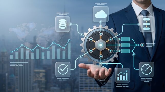 Digital workflow automation interface showcasing data management and cloud processing system integration