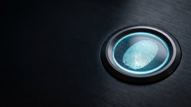 biometric fingerprint scanner glowing blue on dark metallic panel security tech photo