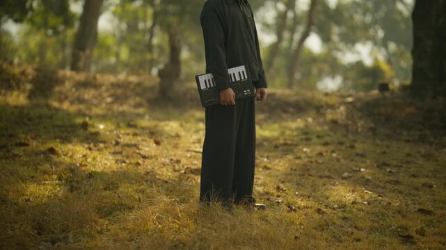 Young man standing symmetrically on a forest path holding a MIDI keyboard controller facing forward with sunglasses and dark robe in soft light