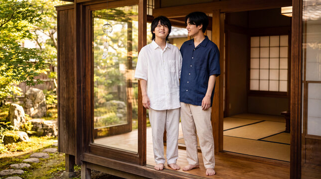 日本家屋の縁側で寄り添って過ごす男性カップル | 庭の緑