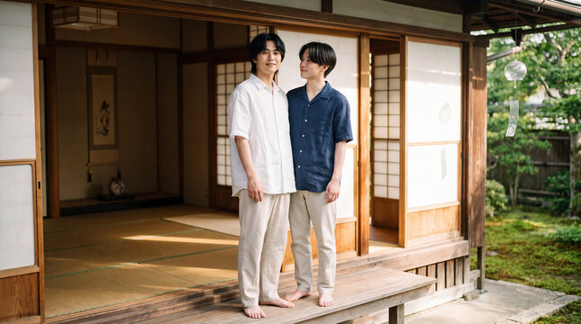 日本家屋の縁側で寄り添って過ごす男性カップル | 庭の緑
