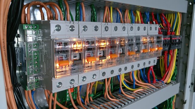 Close-up of an industrial electrical control panel with relays, breakers, and multicolored wiring neatly organized inside a metal enclosure