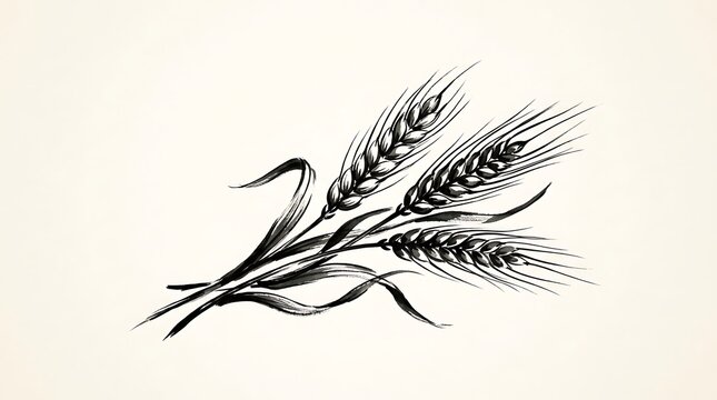 Artistic ink brush drawing of wheat stalks on cream background