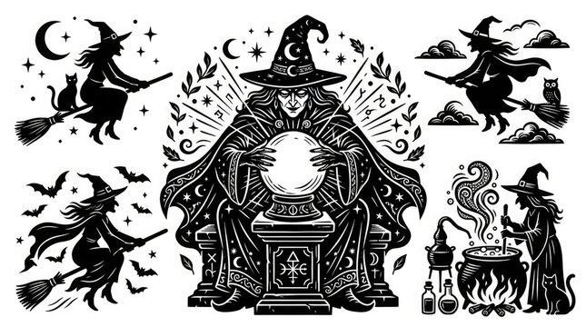 Set of black and white witch illustrations featuring flying witches and a magical crystal ball for halloween