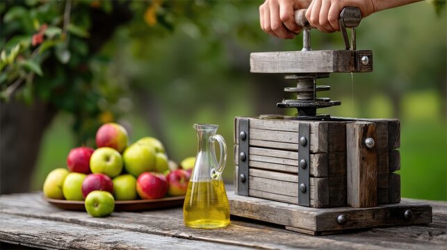 Wooden apple press operated by hand outside, producing fresh juice from sliced apples