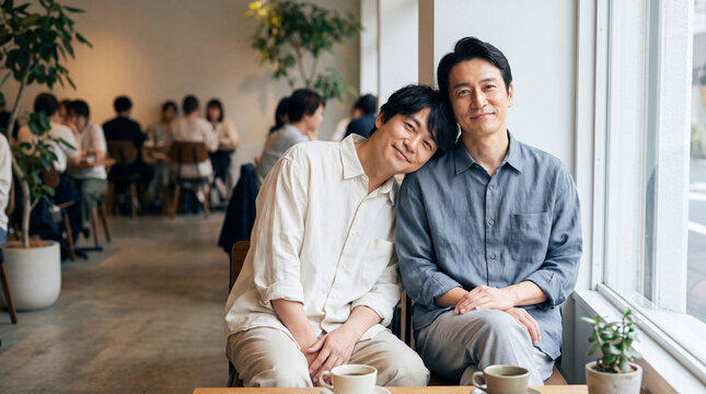 窓辺のカフェで笑顔で肩を寄せ合う男性カップル | 窓辺の光