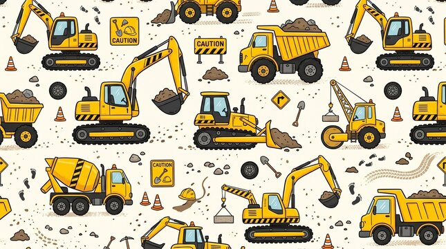 Cute Yellow Construction Machinery Seamless Background for Children