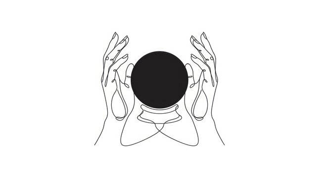 Abstract symmetrical illustration featuring a solid black circle surrounded by intricate line art hand gestures on white background
