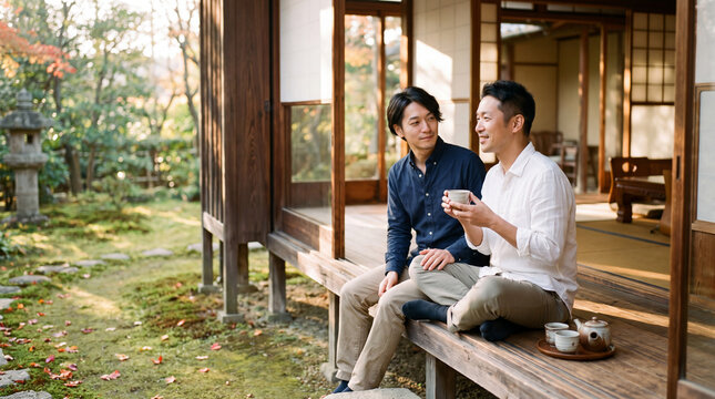 庭を眺める縁側でお茶を楽しむ男性カップル | 秋の彩り