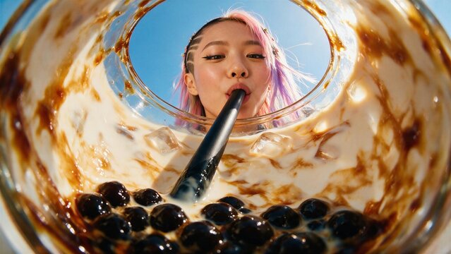 Stylish Asian girl with unconventional haircut sipping bubble tea, fisheye view from inside glass &mdash; ideal for cafe advertising, trendy beverage branding, and drink marketing