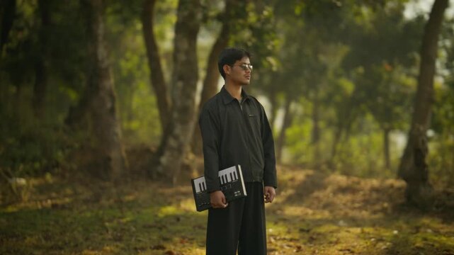 Smiling young musician in dark robe holding a MIDI keyboard controller looking upward on a sunlit forest path surrounded by autumn trees