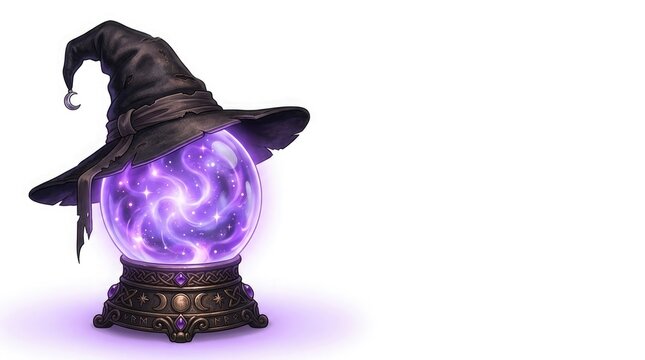 A magical crystal ball with glowing purple energy resting on a stand beneath a weathered black witch hat