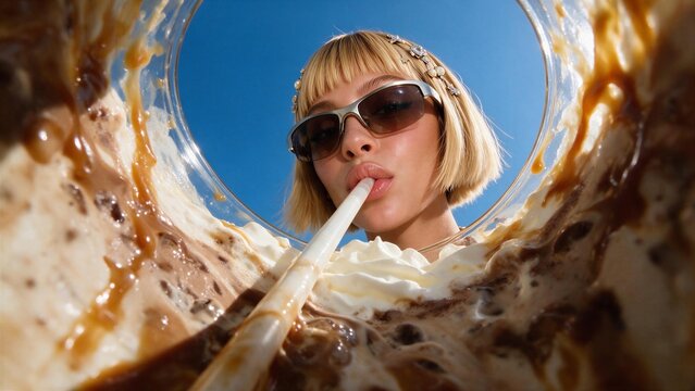 Fashionable girl with unconventional haircut sipping caramel coffee frappe, fisheye view from inside glass &mdash; perfect for cafe advertising, trendy beverage branding, and drink marketing