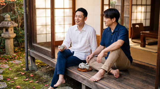 庭を眺める縁側でお茶を楽しむ男性カップル | 秋の彩り