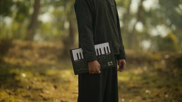 Young man in dark robe holding a MIDI keyboard controller standing on a misty forest path bathed in golden morning sunlight looking sideways
