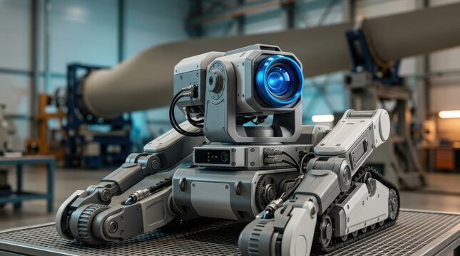 Advanced robotic crawler with camera lens eye in science laboratory setting.