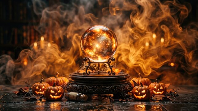 A glowing crystal ball surrounded by carved jack o lanterns and thick orange smoke for a spooky halloween