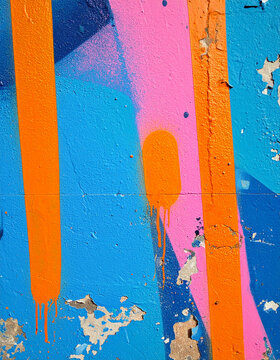 Bright blue and pink concrete wall covered with abstract orange painted stripes, raw urban graffiti texture, chipped paint and subtle weathering, experimental Y2K graphic design, retro street