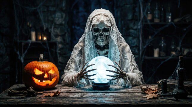 Creepy skeleton bride in a wedding dress looking into a glowing crystal ball with a carved pumpkin nearby