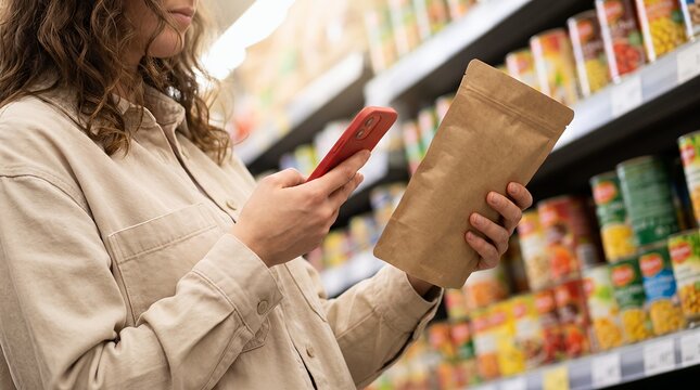 Smart Retail Experience: Person Using Red Phone to Scan Brown Paper Package in Supermarket Aisle