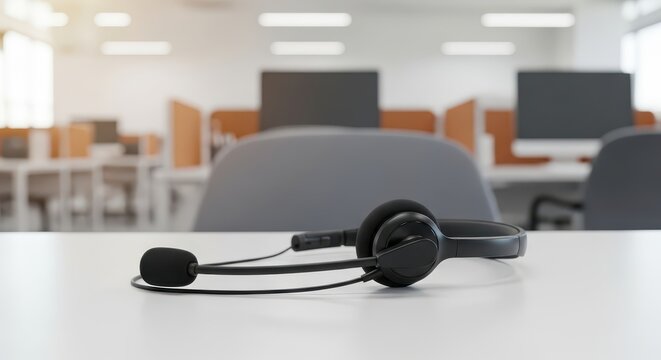 Close-up of headset with microphone on a desk in a modern call center office with blurred background workstations and computers