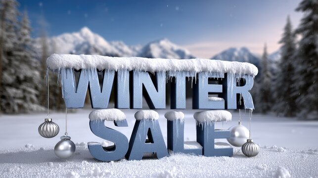 Winter sale offers a festive scene with snowy pine trees and mountains under a pastel sky featuring glowing lights and frosted text with icicles