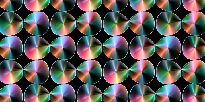 Repeating pattern of connected glossy iridescent metallic teardrop shapes on solid black background with rainbow gradient creates modern abstract geometric decorative design