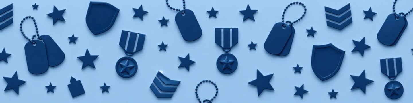 seamless military pattern with navy blue army helmets, combat boots, dog tags, medals and stars on a light blue background