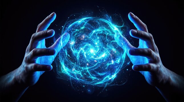 Human hands holding a glowing blue energy sphere representing power technology innovation and futuristic digital magic concepts