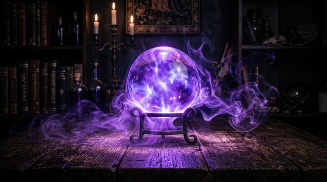 A glowing purple crystal ball sitting on a stand in a dark mysterious room with magical smoke