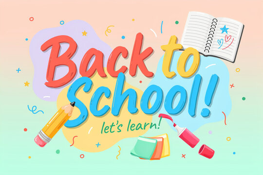 Back to school let's learn banner with hand drawn illustrations and text, education