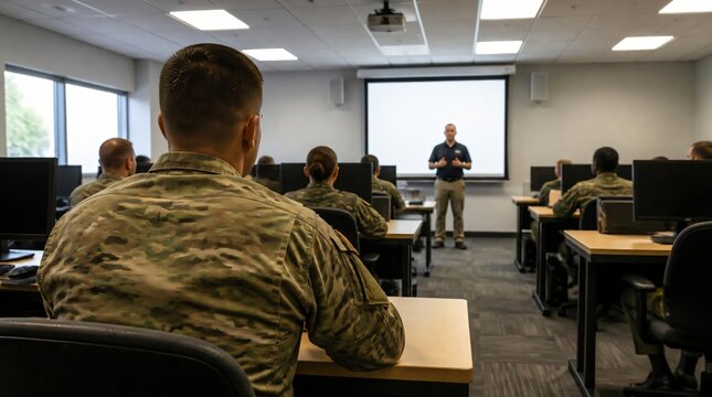 Military personnel are undergoing classroom training.