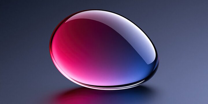 Single glossy smooth teardrop shaped glass stone with gradient color from pink red to blue on dark grey background creates modern elegant abstract 3d decorative object